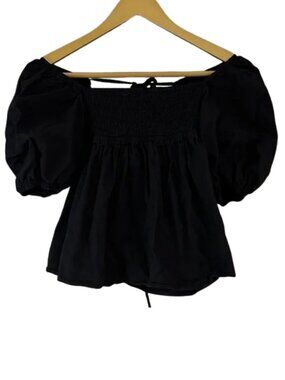 Black Puff Sleeve Crop Top Smocked Off Shoulder Peplum Blouse Cottagecore